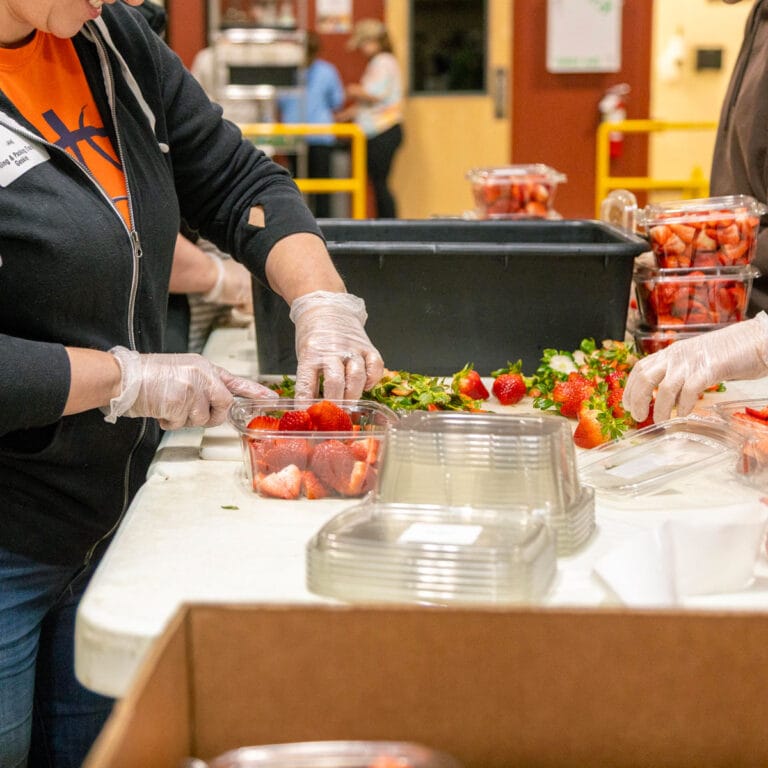 Volunteers processing fresh strawberries